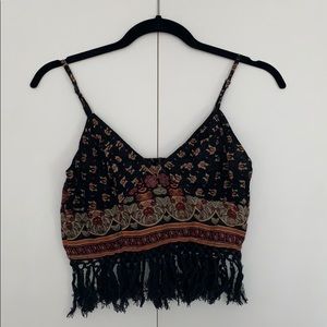 Black patterned fringe crop top